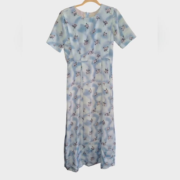 amish mennonite cape dress S Maxi Short Sleeve Blue Floral Minimalist Fairy Core - Picture 1 of 5